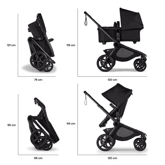 Folded dimensions of the Bugaboo Kangaroo stroller: With the bassinet: 121 x 74 cm. With the seat: 95 x 68 cm. In-use dimensions of the Bugaboo Kangaroo stroller: With the bassinet: 119 x 120 cm. With the seat: 114 x 120 cm. - Main Image Slide 13 of 18