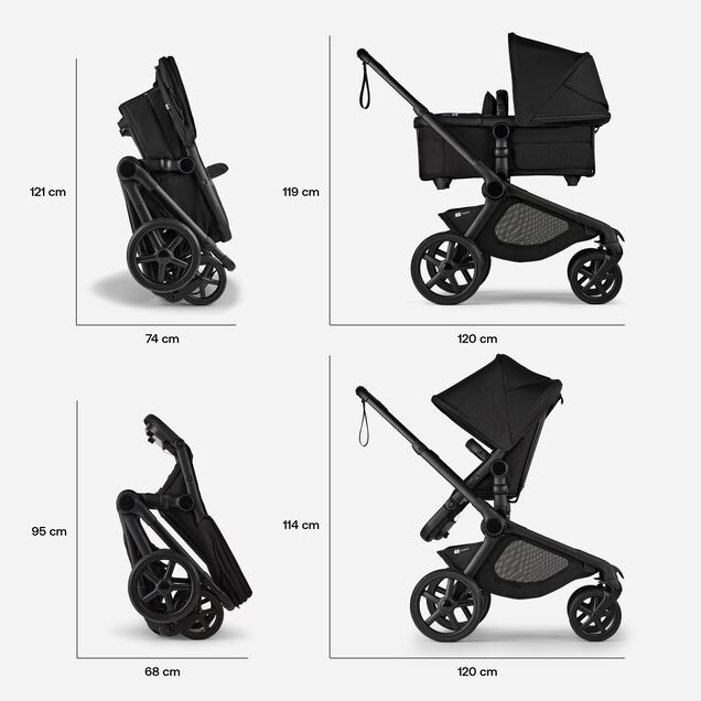 Folded dimensions of the Bugaboo Kangaroo stroller: With the bassinet: 121 x 74 cm. With the seat: 95 x 68 cm. In-use dimensions of the Bugaboo Kangaroo stroller: With the bassinet: 119 x 120 cm. With the seat: 114 x 120 cm. - Main Image Slide 13 of 18