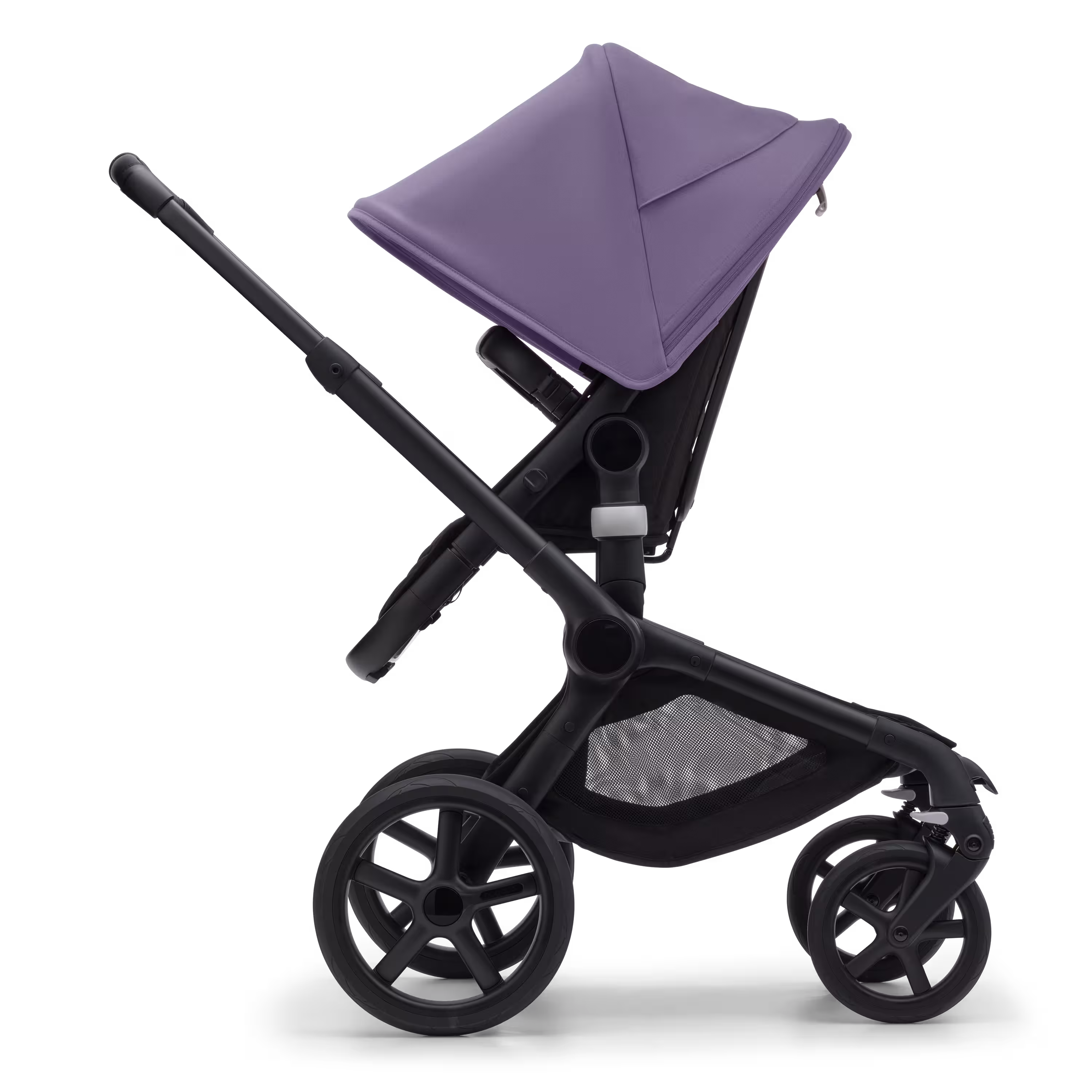 Side view of the Bugaboo Fox 5 seat stroller with black chassis, midnight black fabrics and astro purple sun canopy. - Main Modal Image Slide 3 of 12