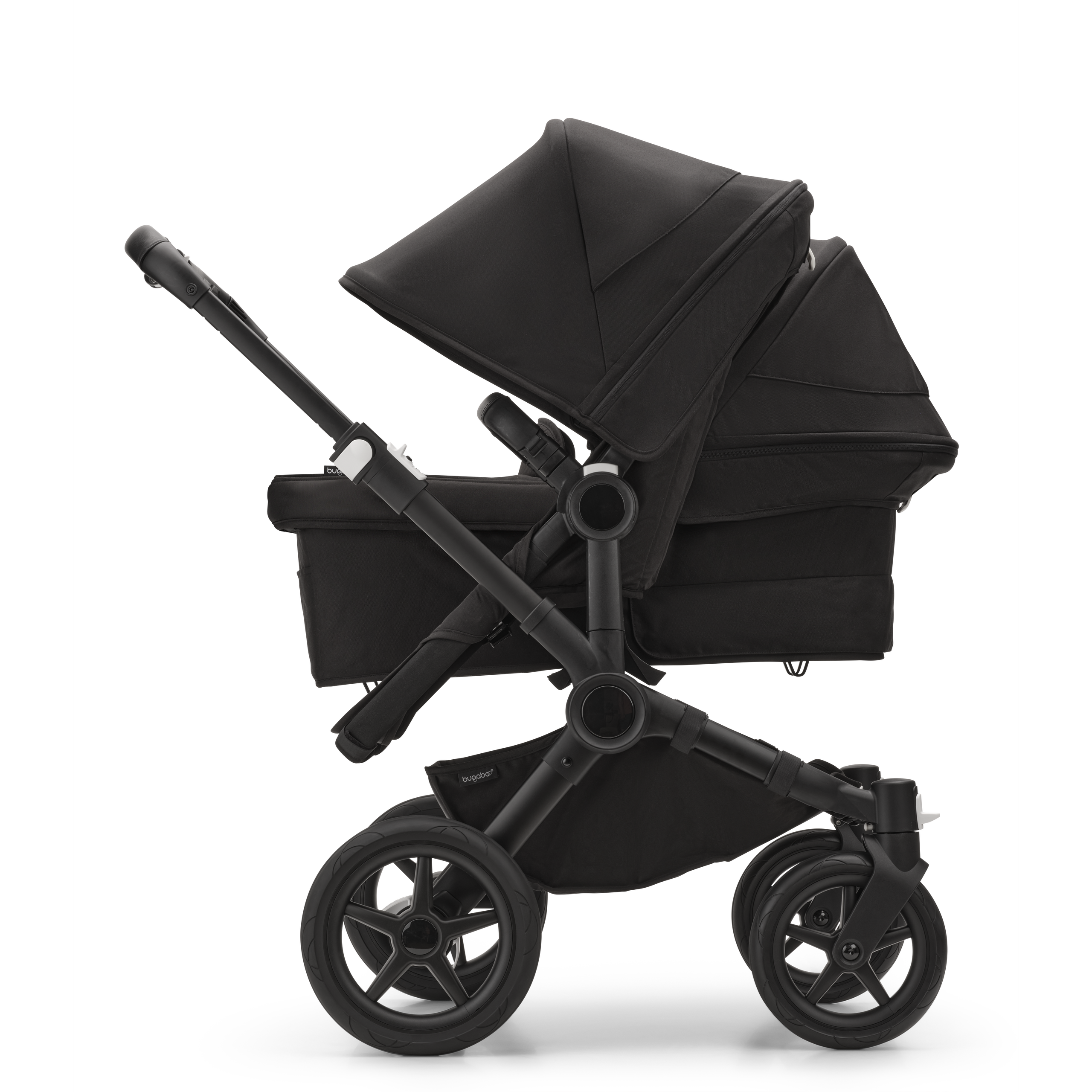 Bugaboo Donkey 5 Duo double stroller black base, midnight black fabrics, midnight black sun canopy - Thumbnail Slide 2 of 11