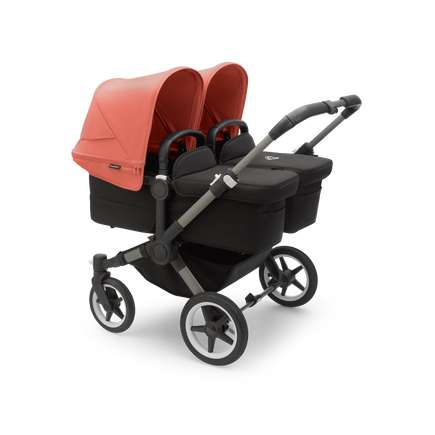 Bugaboo Donkey 5 Twin bassinet and seat stroller graphite base, midnight black fabrics, sunrise red sun canopy - view 1