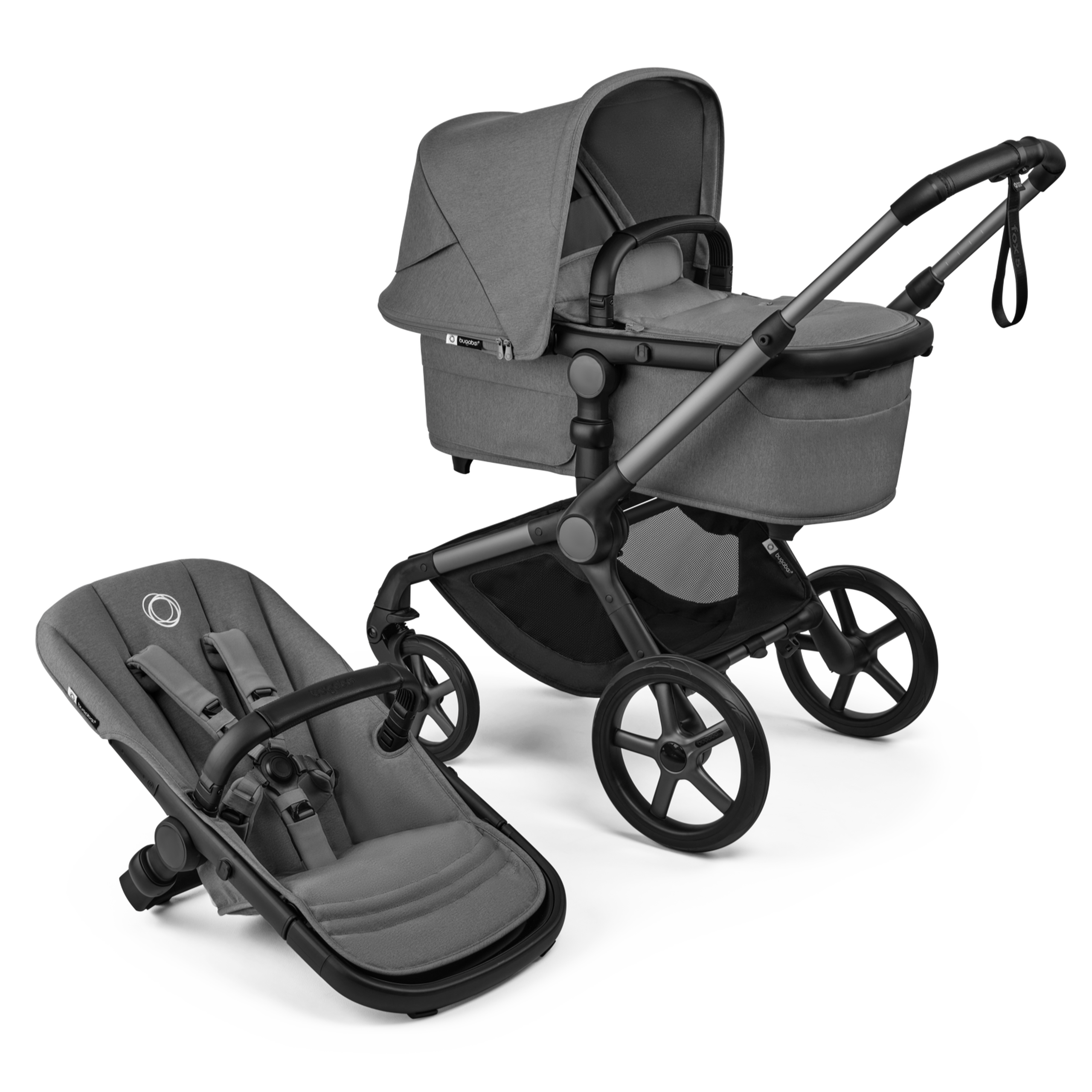 Bugaboo Fox 5 Renew bassinet and seat 2-in-1 stroller, with graphite chassis, Moon Grey fabrics, and Moon Grey sun canopy. - Thumbnail Slide 1 of 12