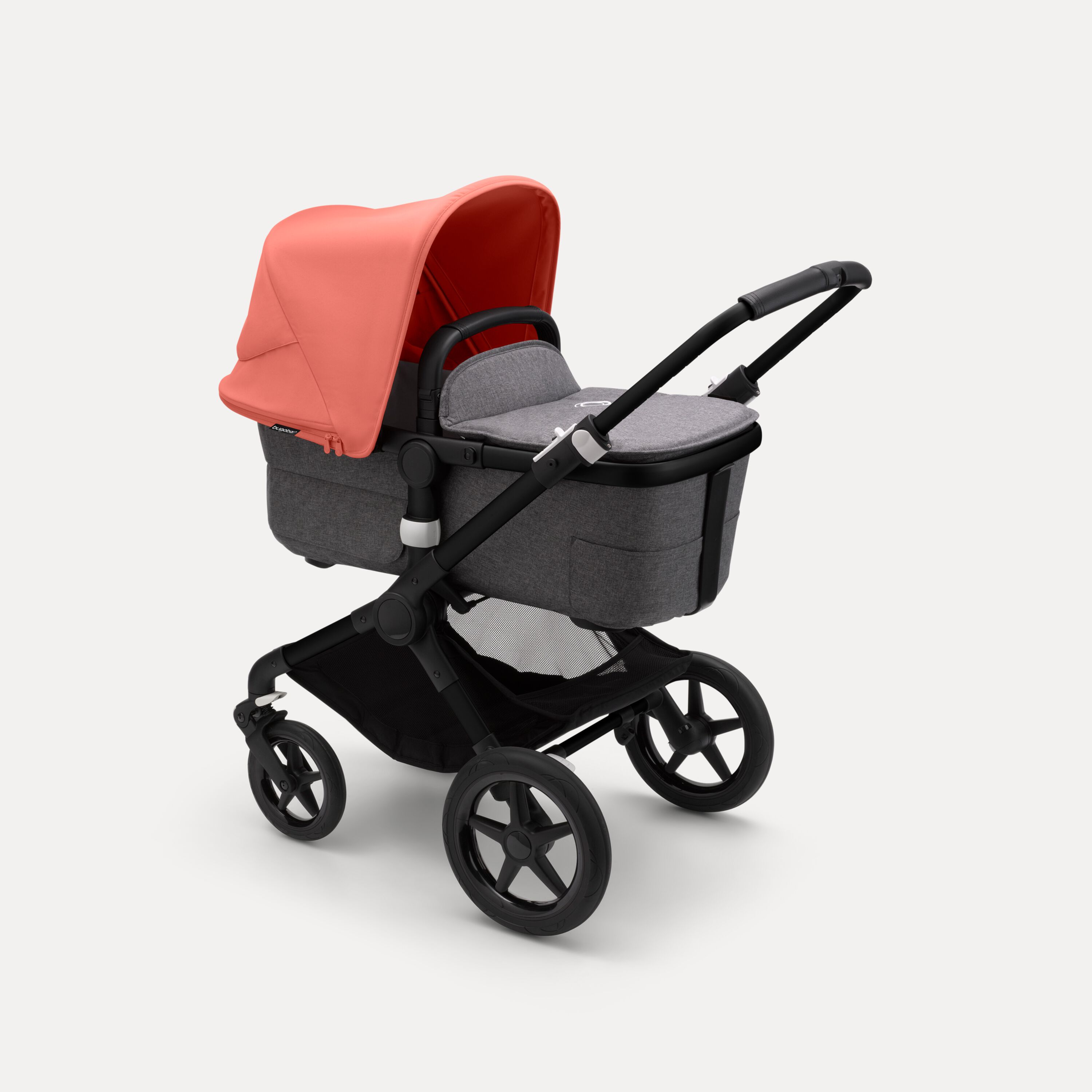 Bugaboo Fox 3 bassinet stroller with black frame, grey melange fabrics, and red sun canopy. - Main Modal Image Slide 2 of 7