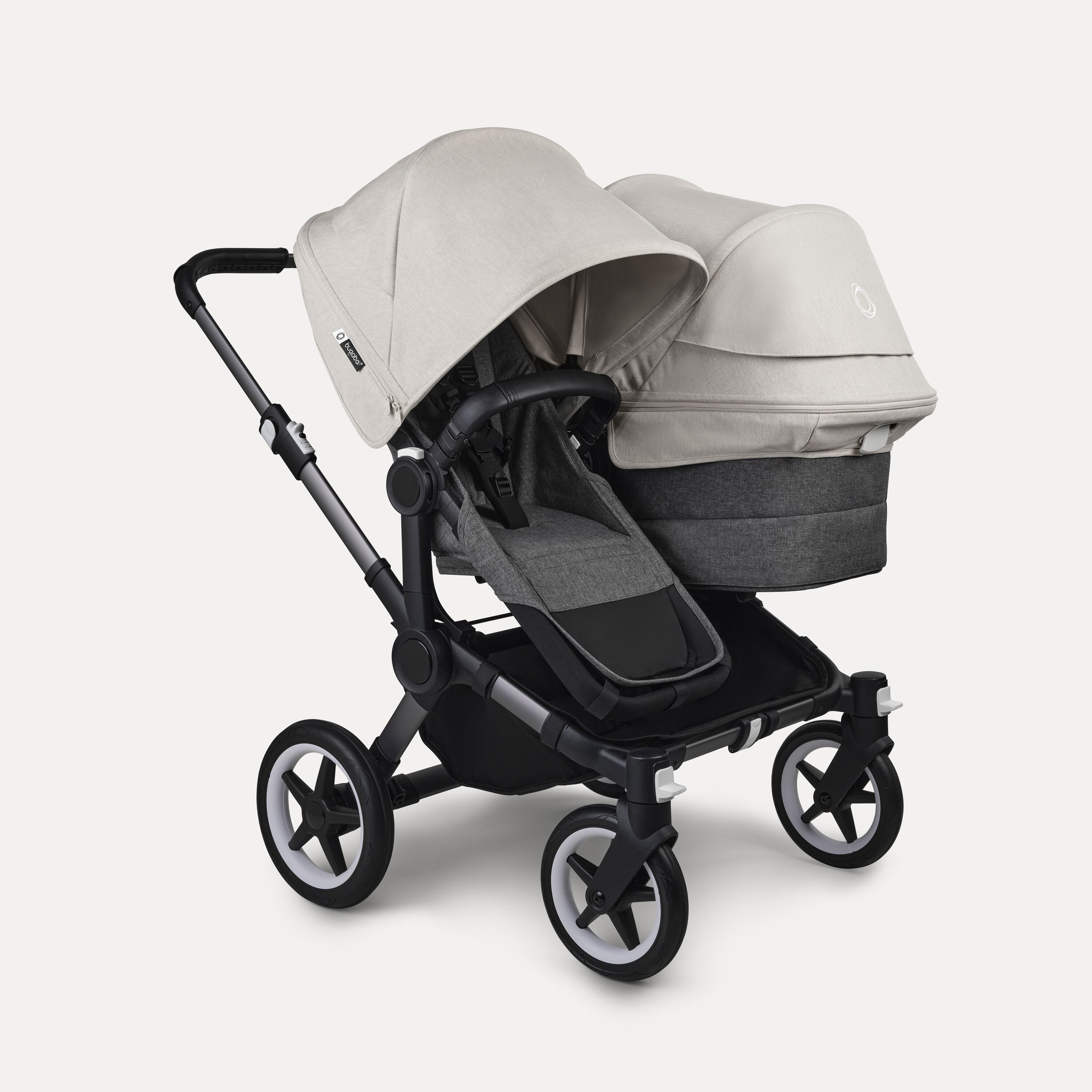 Bugaboo Donkey 5 Duo double stroller graphite base, grey mélange fabrics, misty white sun canopy - Main Modal Image Slide 1 of 11