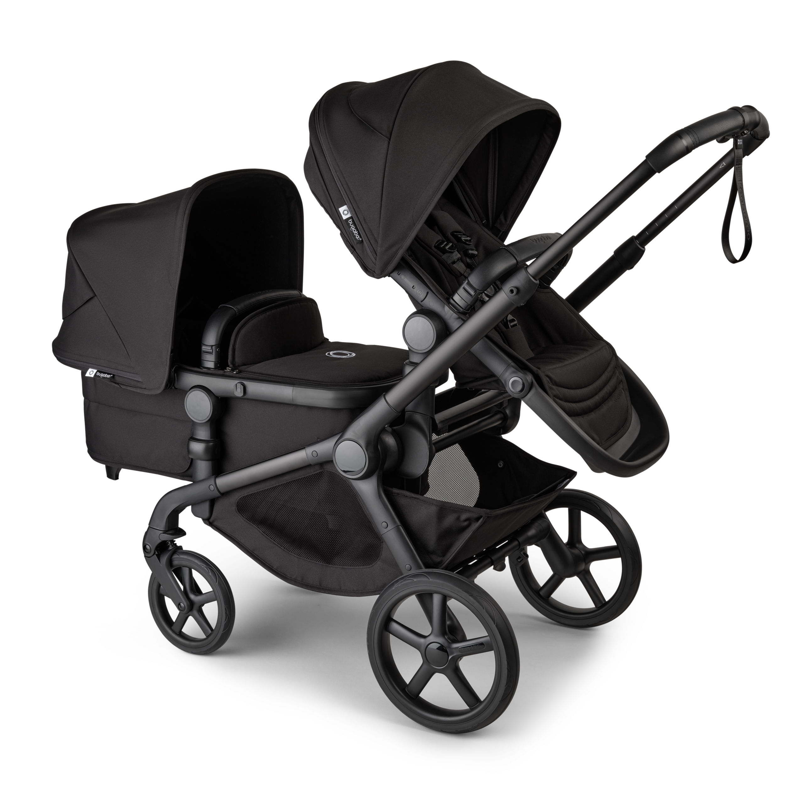 Bugaboo Kangaroo 2-in-1 tandem stroller with one seat above and one bassinet below, with Midnight Black fabrics and Midnight Black sun canopies. - Thumbnail Slide 2 of 18
