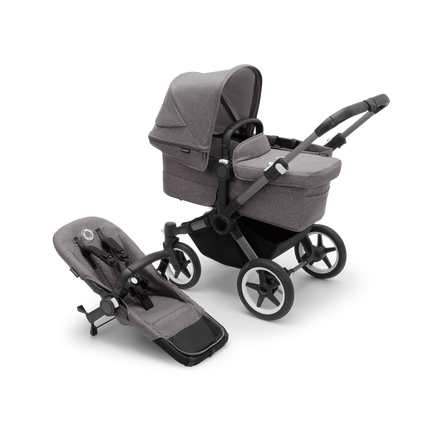 Bugaboo Donkey 5 Mono bassinet stroller with graphite chassis, grey melange fabrics and grey melange sun canopy, plus seat.