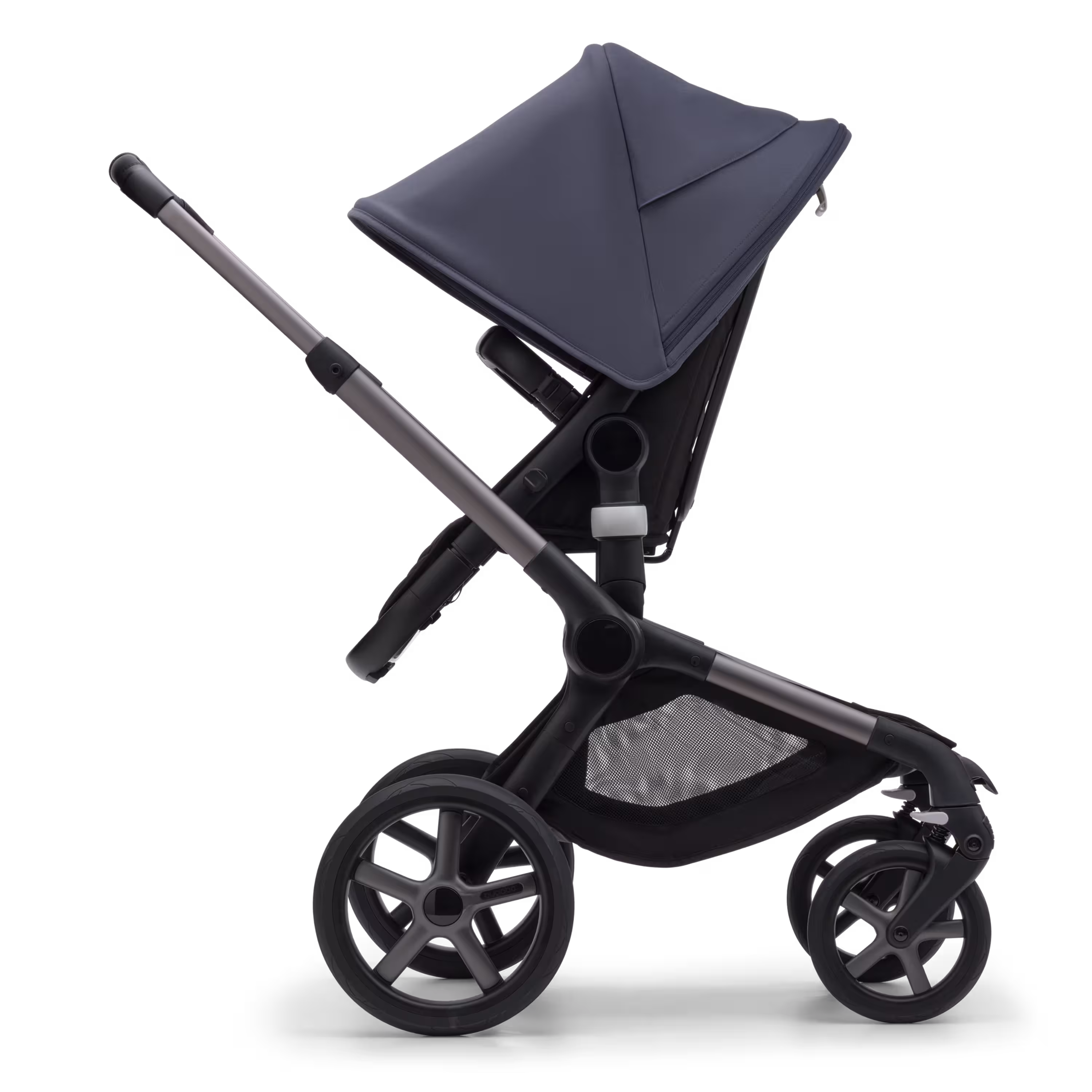 Side view of the Bugaboo Fox 5 seat pushchair with graphite chassis, midnight black fabrics and stormy blue sun canopy. - Main Modal Image Slide 3 of 13