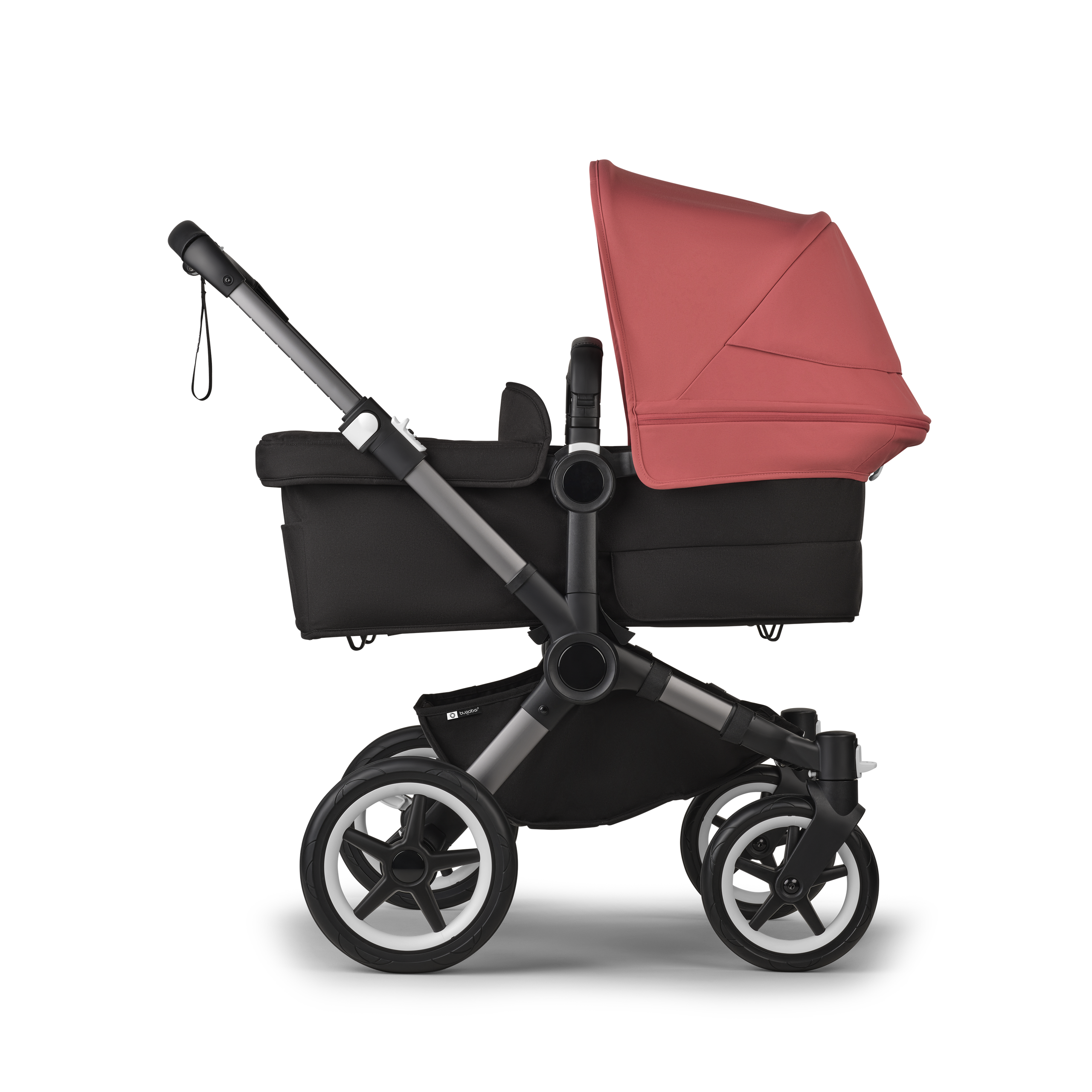 Bugaboo Donkey 5 twin stroller graphite base, midnight black fabrics, sunrise red sun canopy - Thumbnail Slide 2 of 12