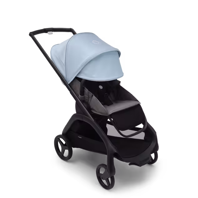 Poussette Bugaboo Dragonfly avec siège, châssis noir, housse gris chiné et capote bleu horizon. La capote est intégralement déployée. - Main Image Slide 3 of 16
