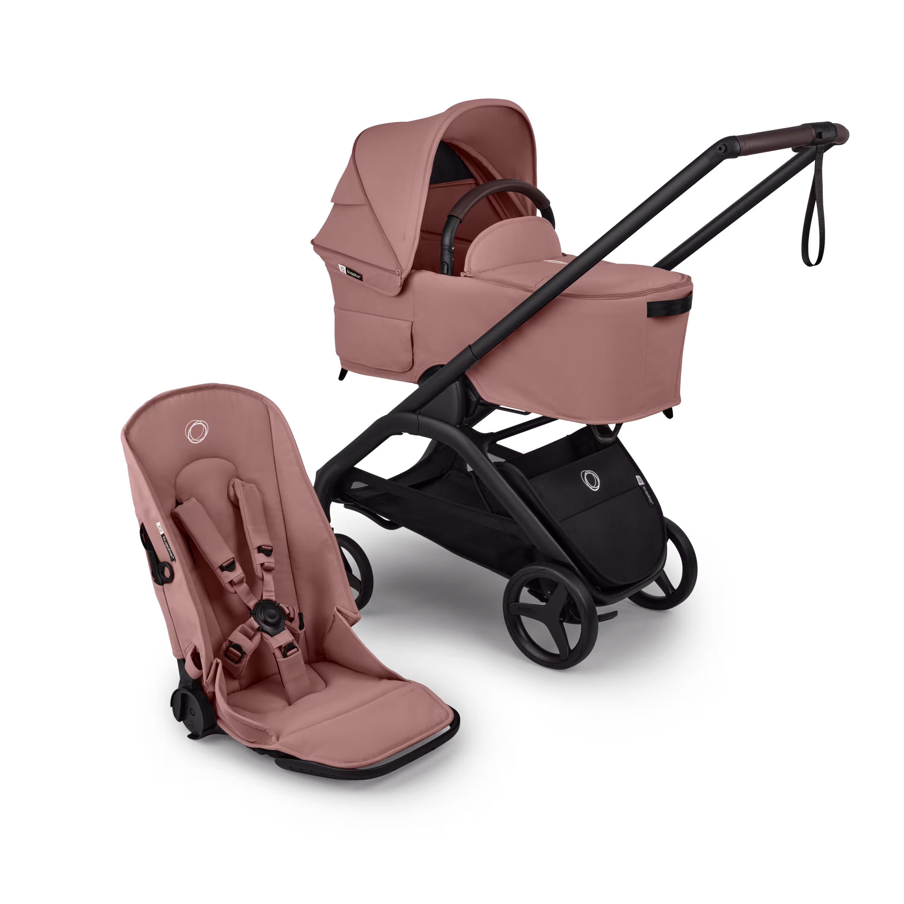 Bugaboo Dragonfly Plus 2-in-1 stroller black base, dusty pink fabrics, dusty pink sun canopy  - Main Modal Image Slide 1 of 11