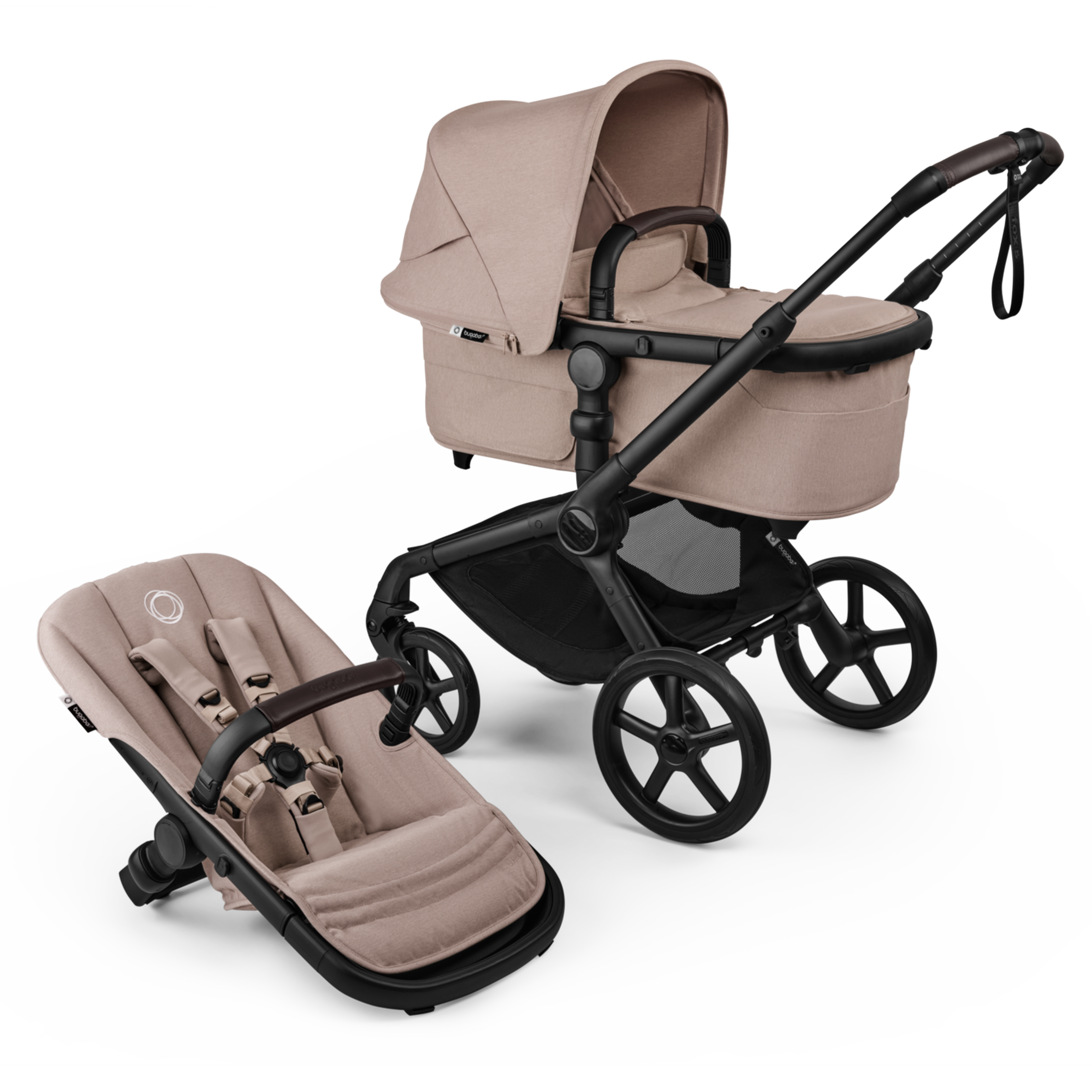 Bugaboo Fox 5 Renew 2-in-1 pram black base, desert taupe fabrics, desert taupe sun canopy - Thumbnail Slide 1 of 13