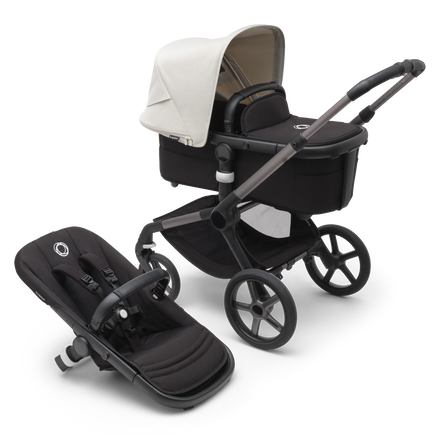 Bugaboo Fox 5 bassinet and seat stroller with graphite chassis, midnight black fabrics and misty white sun canopy.