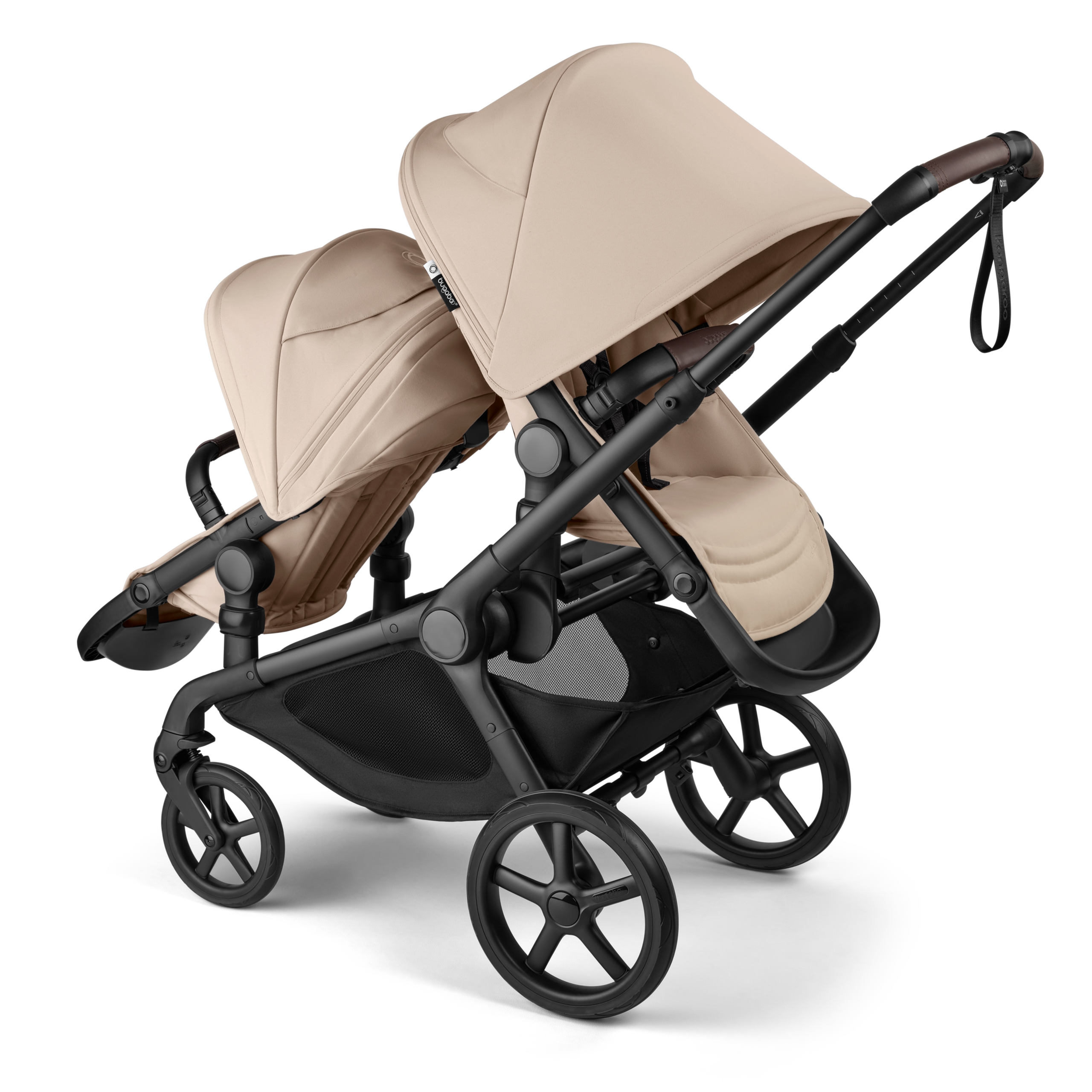 Bugaboo Kangaroo 2-in-1 tandem stroller with one seat facing the parent and one seat facing the world, with Desert Taupe fabrics and Desert Taupe sun canopies. - Thumbnail Slide 5 of 18