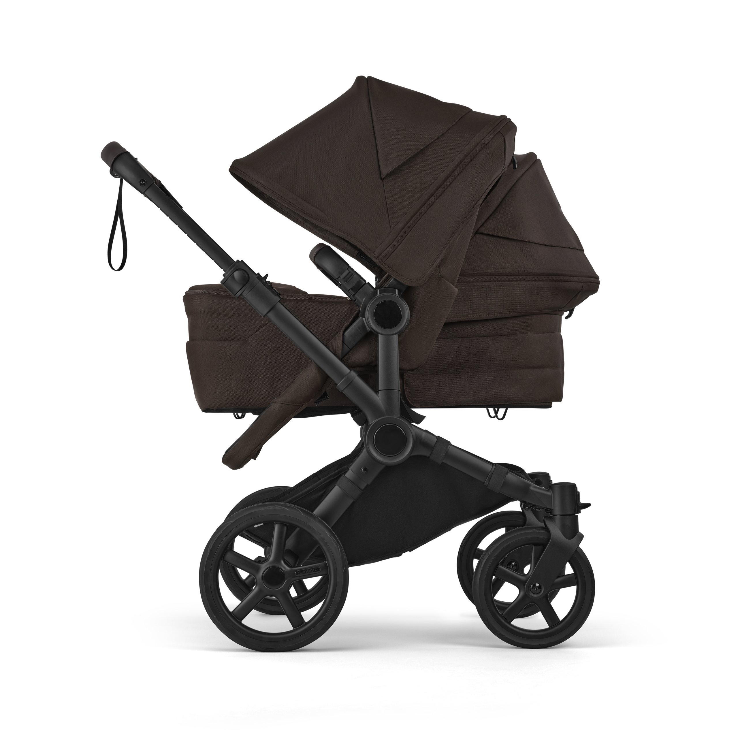 Bugaboo Donkey 6 double stroller black base, cocoa brown fabrics, cocoa brown sun canopy view 3 - Thumbnail Slide 3 of 10