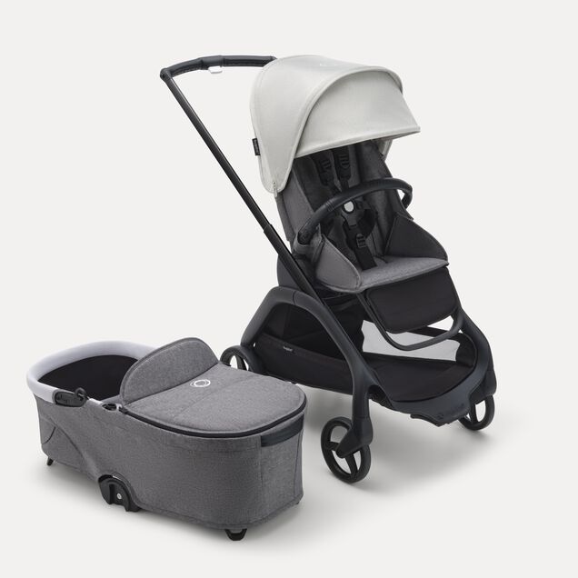 Refurbished Bugaboo Dragonfly bassinet and seat stroller black base, grey melange fabrics, misty white sun canopy - Main Image Slide 2 of 2