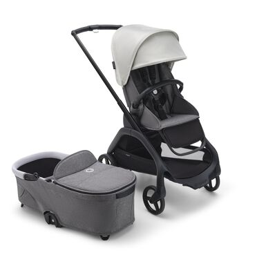 Refurbished Bugaboo Dragonfly bassinet and seat stroller black base, grey melange fabrics, misty white sun canopy - view 2