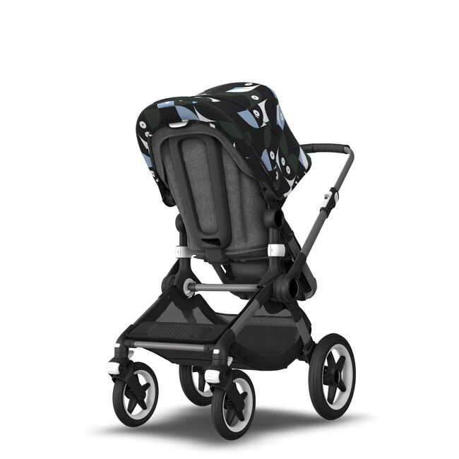Bugaboo Fox 3 bassinet and seat stroller graphite base, grey melange fabrics, animal explorer green/ light blue sun canopy