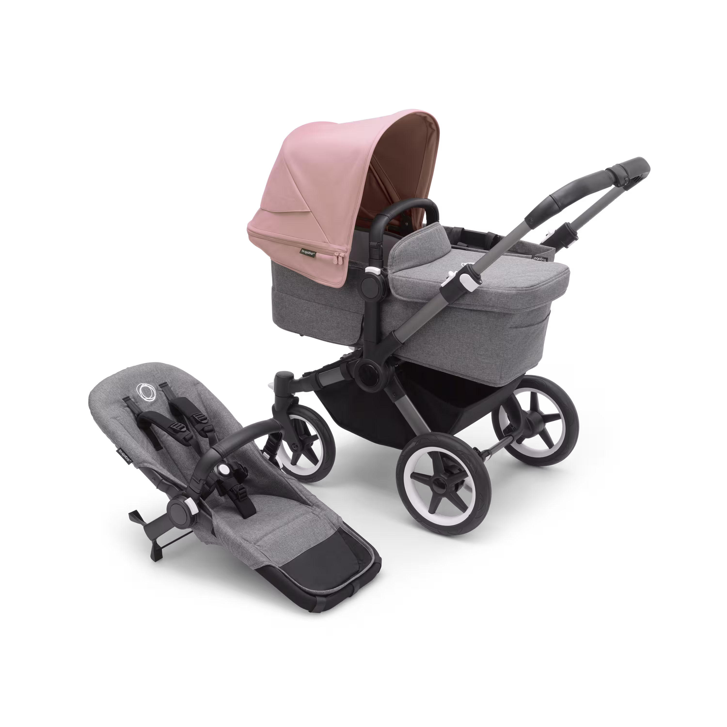Refurbished Bugaboo Donkey 5 Mono bassinet and seat stroller graphite base, grey mélange fabrics, morning pink sun canopy - Main Modal Image Slide 1 of 8