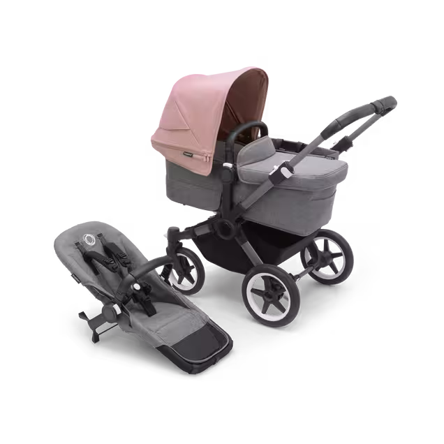 Refurbished Bugaboo Donkey 5 Mono bassinet and seat stroller graphite base, grey mélange fabrics, morning pink sun canopy - Main Image Slide 1 of 8