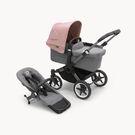 Refurbished Bugaboo Donkey 5 Mono bassinet and seat stroller graphite base, grey mélange fabrics, morning pink sun canopy