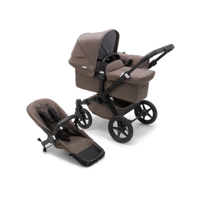Bugaboo Donkey 5 Mono bassinet and seat stroller black base, mineral taupe fabrics, mineral taupe sun canopy