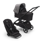Poussette siège et nacelle Bugaboo Dragonfly avec châssis noir, habillages nuit noire et capote gris chiné.