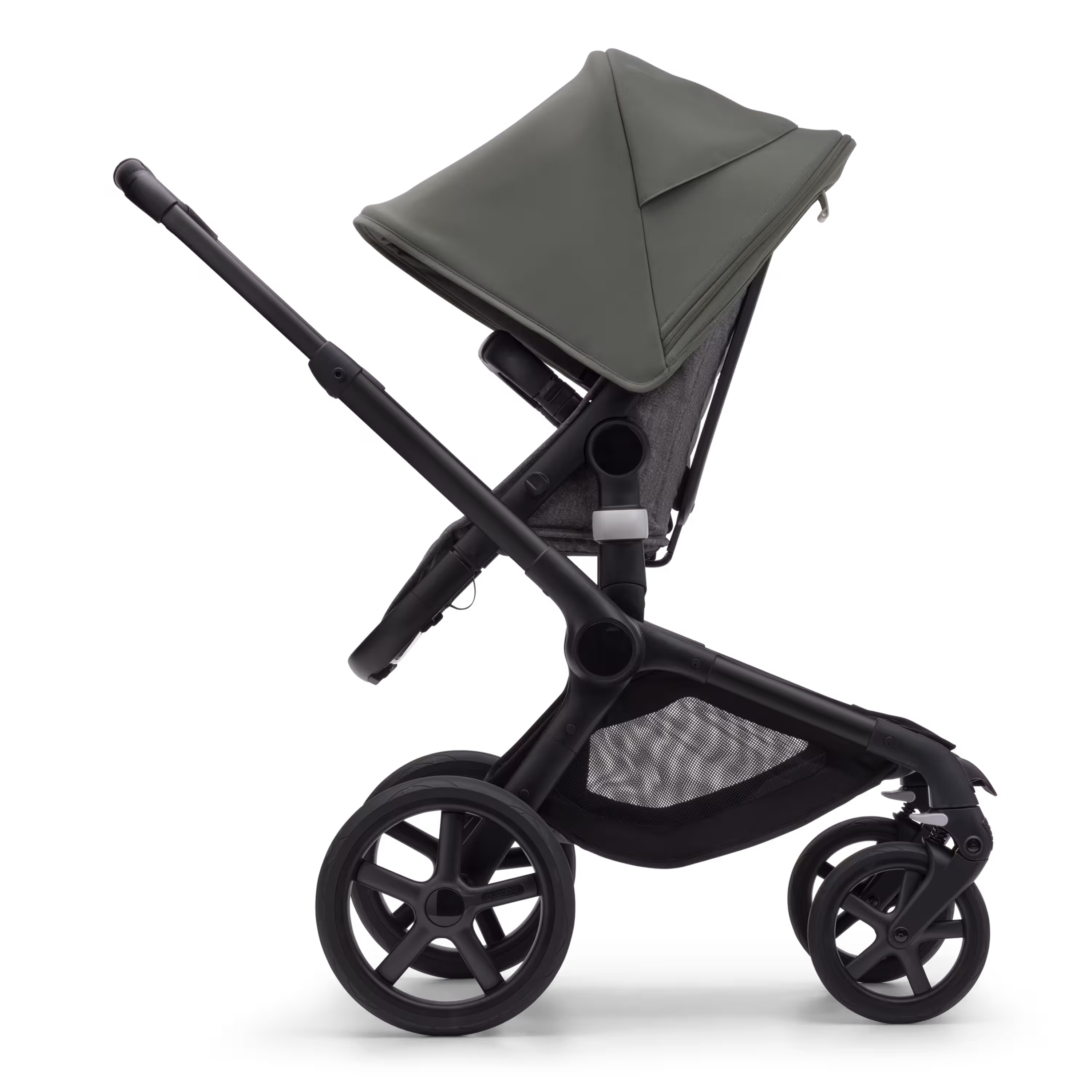 Side view of the Bugaboo Fox 5 seat stroller with black chassis, grey melange fabrics and forest green sun canopy. - Main Modal Image Slide 3 of 12