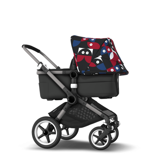 Bugaboo Fox 3 bassinet and seat stroller graphite base, midnight black fabrics, animal explorer red/blue sun canopy