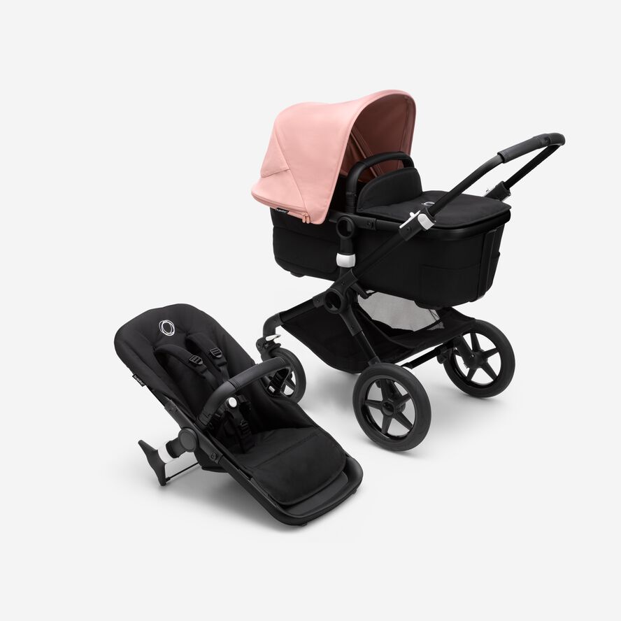 Bugaboo Fox 3 bassinet and seat stroller black base, midnight black fabrics, morning pink sun canopy