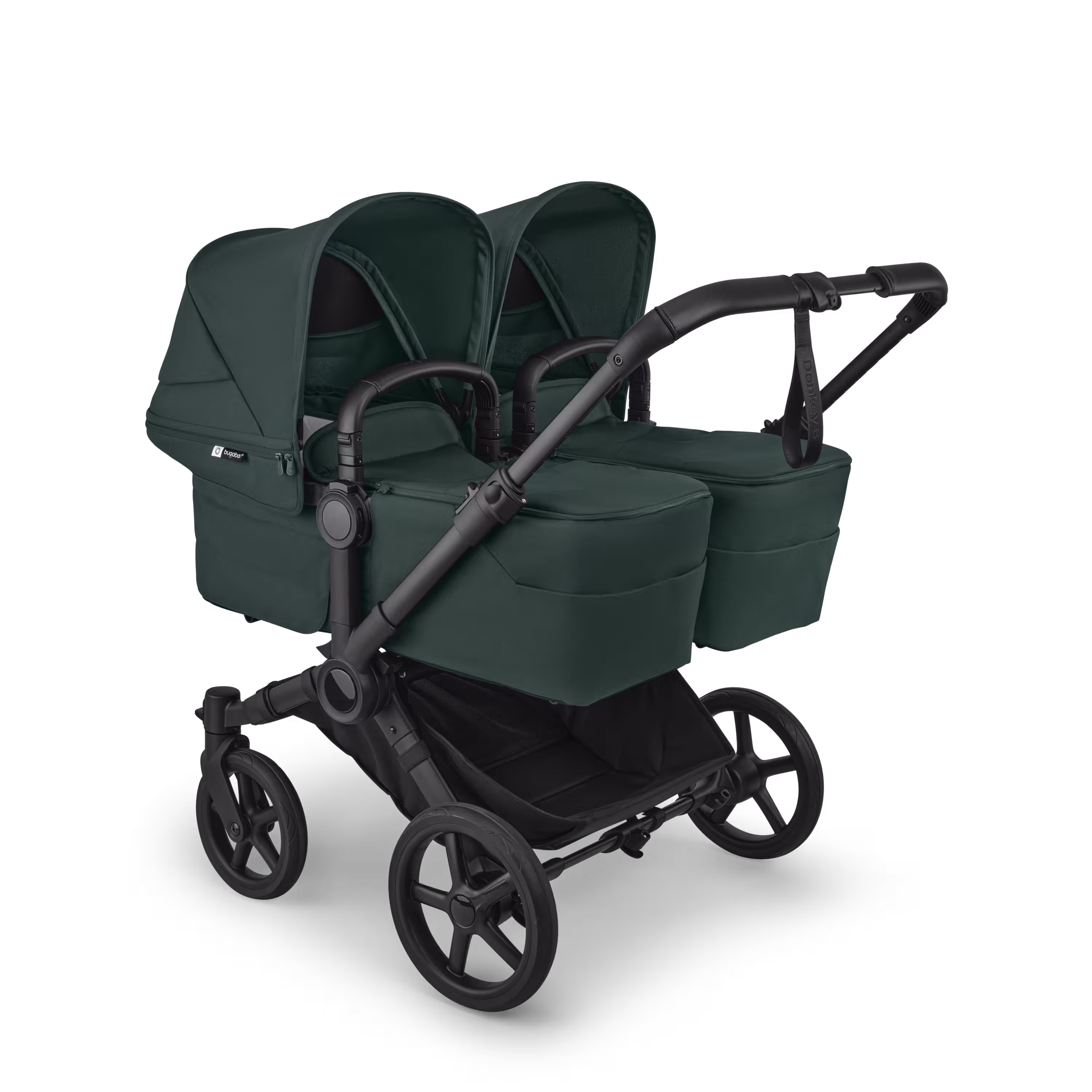 Bugaboo Donkey 6 twin stroller black base, fern green fabrics, fern green sun canopy view 1 - Main Modal Image Slide 1 of 9