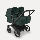 Bugaboo Donkey 6 twin stroller black base, fern green fabrics, fern green sun canopy