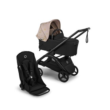 Bugaboo x Konges SlØjd limited edition Dragonfly bassinet and seat stroller black base, midnight black fabrics, desert taupe melange sun canopy