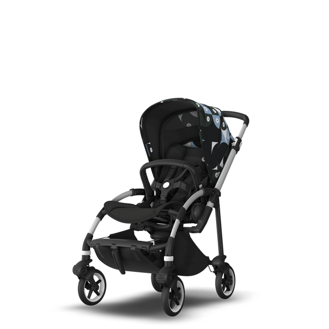Bugaboo Bee 6 seat stroller aluminium base, black fabrics, animal explorer green/ light blue sun canopy