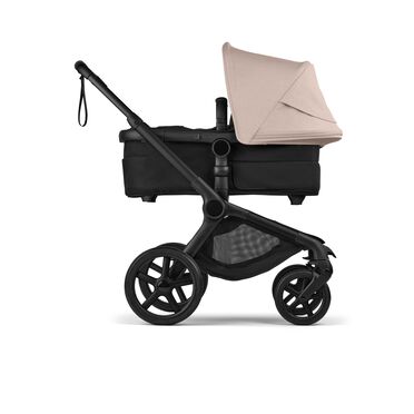 Bugaboo Fox 5 Renew bassinet newborn stroller, with black chassis, Heritage Black fabrics, and Desert Taupe Mélange sun canopy. - view 2