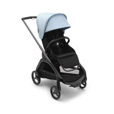 Bugaboo Dragonfly seat pram with graphite chassis, midnight black fabrics and skyline blue sun canopy.