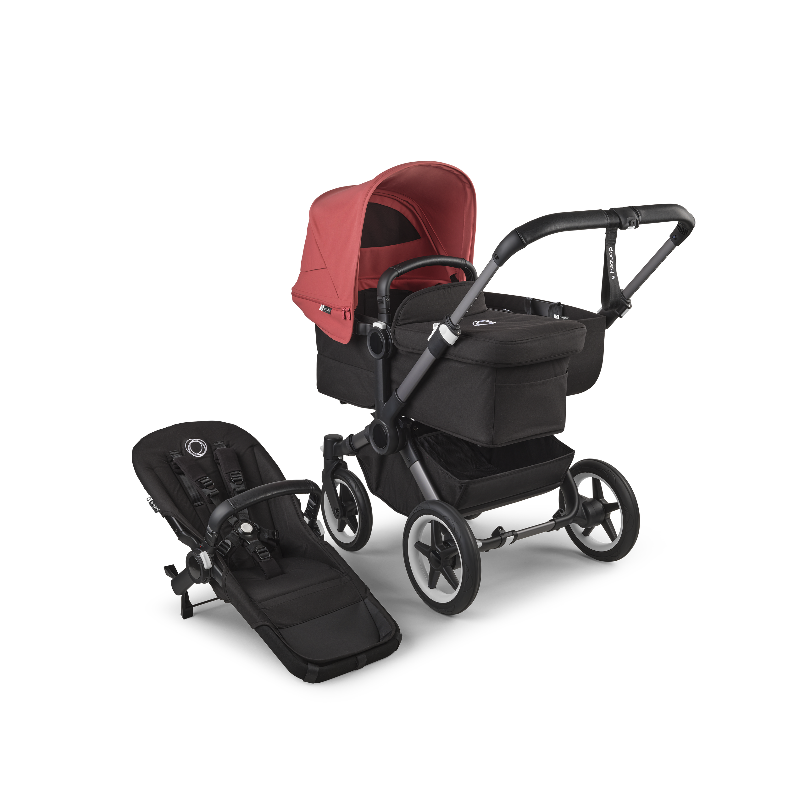 Bugaboo Donkey 5 Mono 2-in-1 stroller graphite base, midnight black fabrics, sunrise red sun canopy - Thumbnail Slide 1 of 11