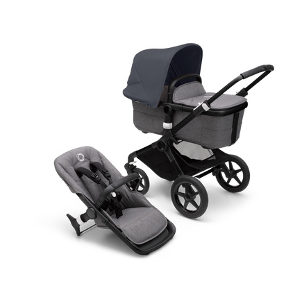 Bugaboo Fox 3 carrycot and seat pushchair  with black frame, grey fabrics, and stormy blue sun canopy. - view 1