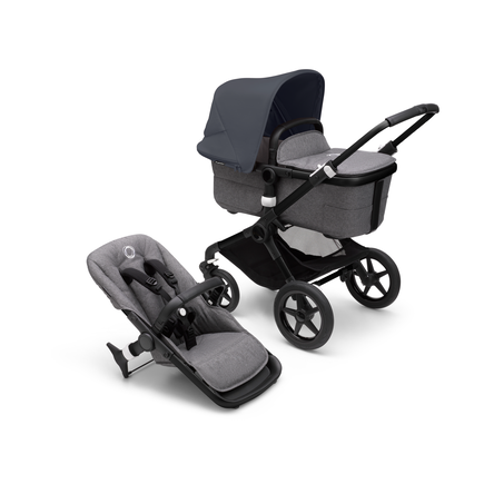 Bugaboo Fox 3 carrycot and seat pushchair  with black frame, grey fabrics, and stormy blue sun canopy.