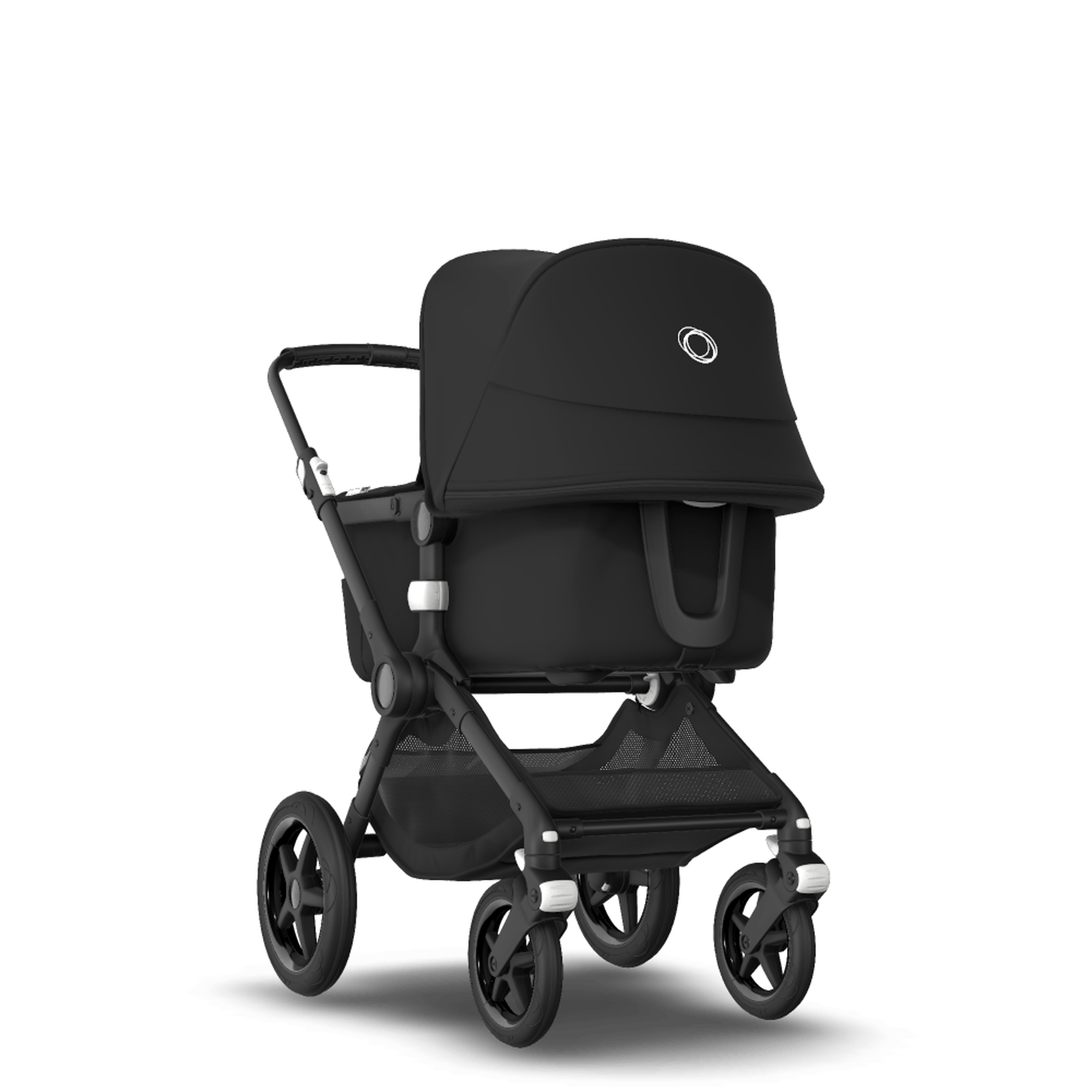 Bugaboo Fox 2 seat and bassinet pram black sun canopy, black fabrics, black chassis - Thumbnail Slide 1 of 8