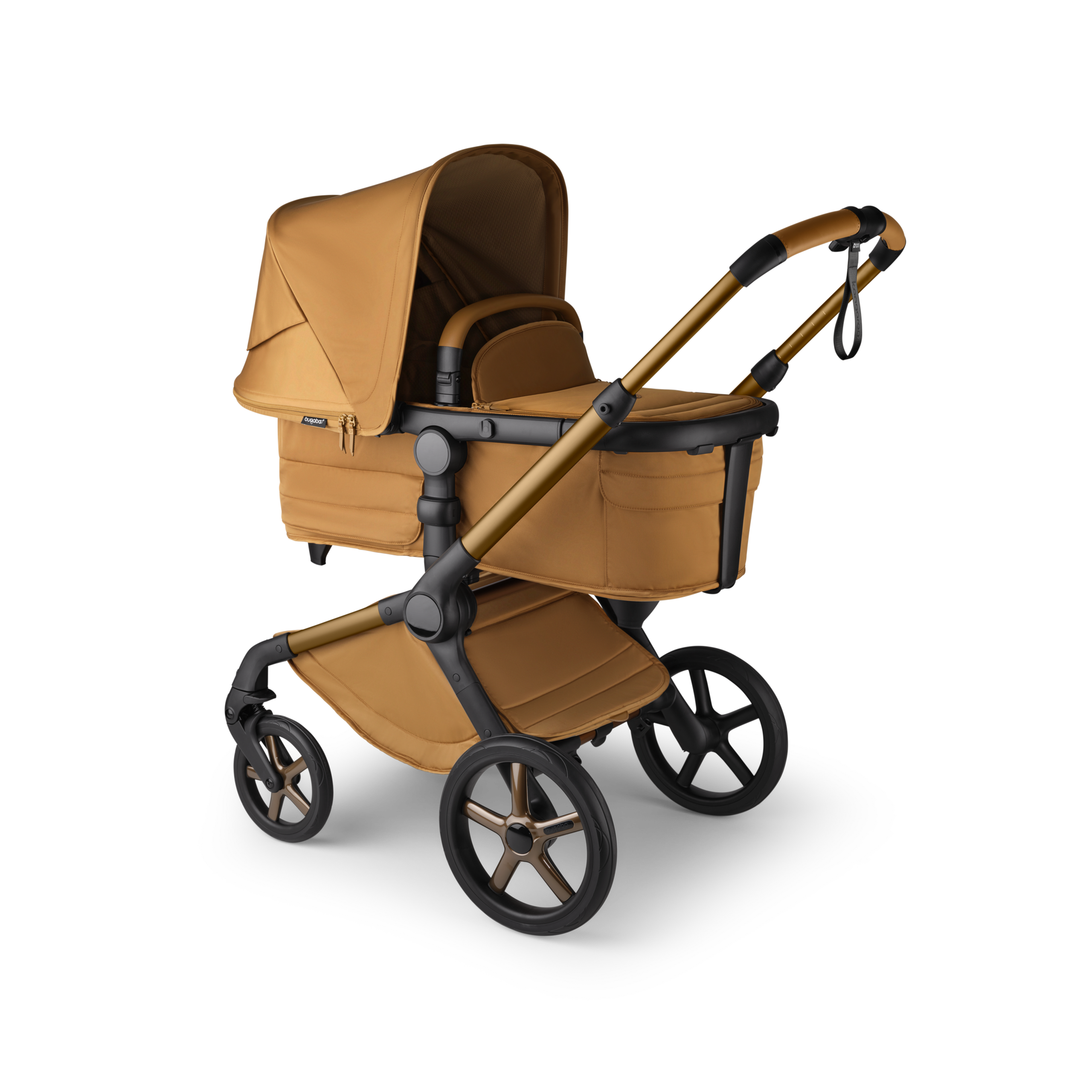 A Bugaboo Fox 5 Noir Limited Edition bassinet stroller in Amber Glow colorway. - Thumbnail Slide 3 of 15