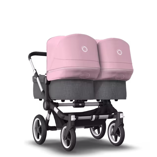 Bugaboo Donkey 3 Twin seat and carrycot pushchair soft pink sun canopy, grey melange fabrics, aluminium base - Main Image Slide 1 of 9