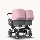 Bugaboo Donkey 3 Twin seat and carrycot pushchair soft pink sun canopy, grey melange fabrics, aluminium base