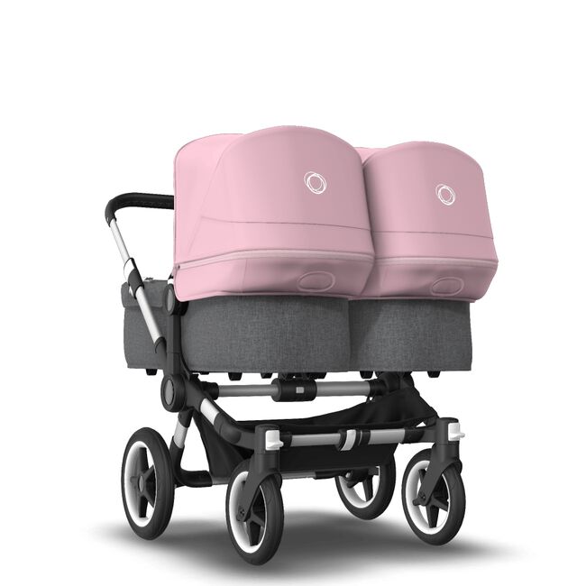Bugaboo Donkey 3 Twin seat and carrycot pushchair soft pink sun canopy, grey melange fabrics, aluminium base - Main Image Slide 1 of 9