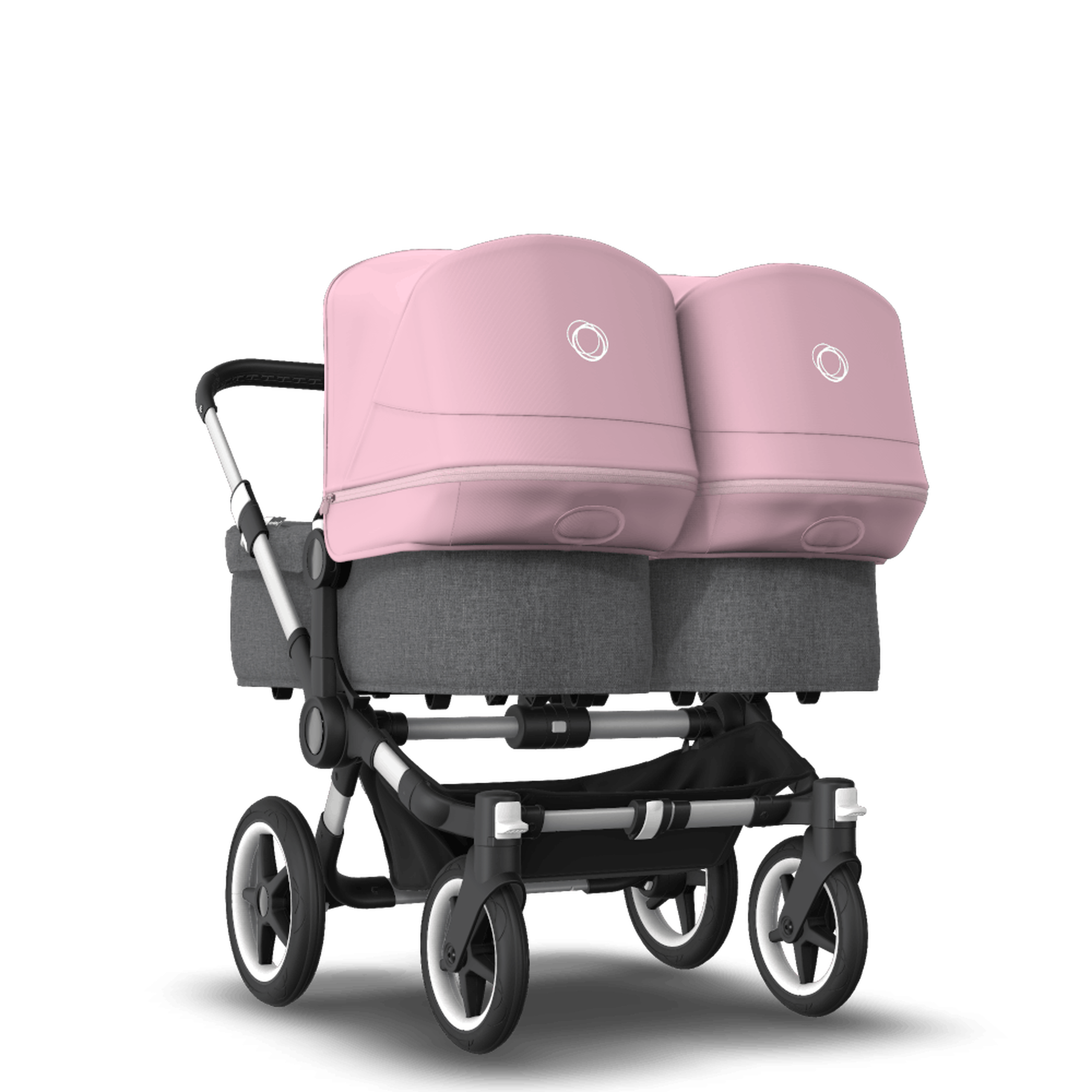 Bugaboo Donkey 3 Twin seat and carrycot pushchair soft pink sun canopy, grey melange fabrics, aluminium base - Thumbnail Slide 1 of 9
