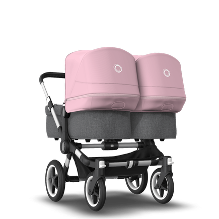 Bugaboo Donkey 3 Twin seat and carrycot pushchair soft pink sun canopy, grey melange fabrics, aluminium base