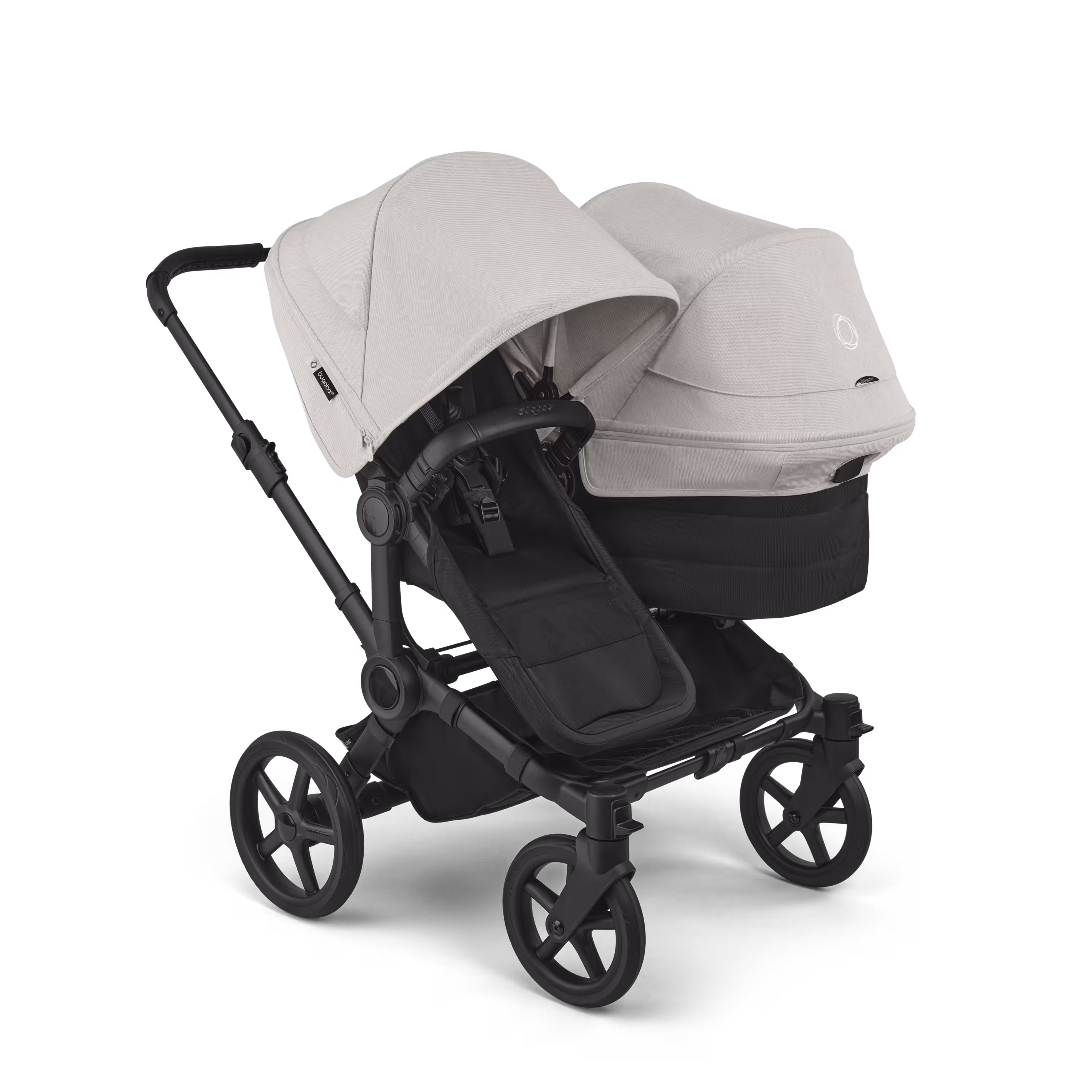Bugaboo Donkey 6 double stroller black base, heritage black fabrics, misty white sun canopy view 1 - Main Modal Image Slide 1 of 10