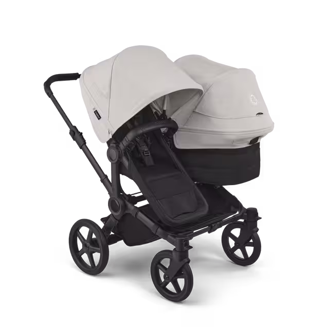 Bugaboo Donkey 6 double stroller black base, heritage black fabrics, misty white sun canopy view 1 - Main Image Slide 1 of 10