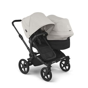 Bugaboo Donkey 6 double stroller black base, heritage black fabrics, misty white sun canopy view 1