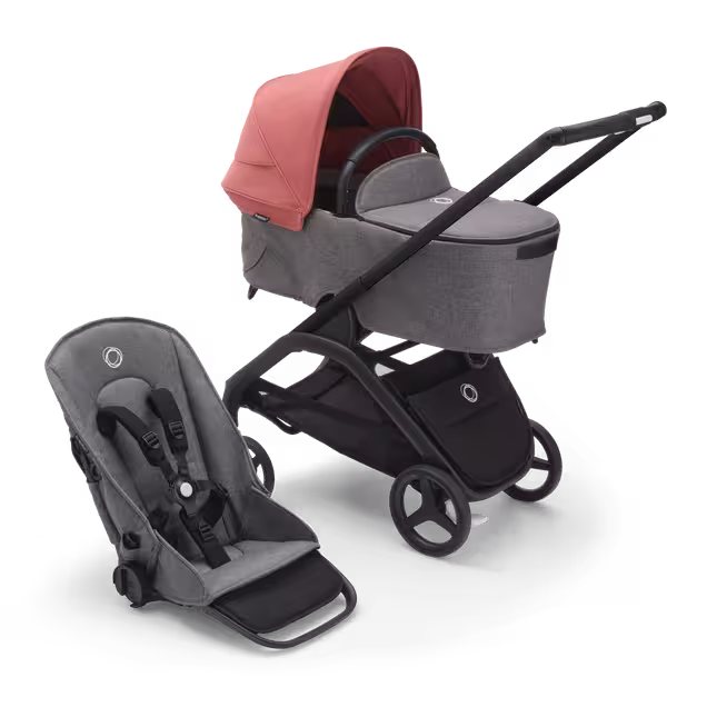 Bugaboo Dragonfly bassinet and seat stroller with black chassis, grey melange fabrics and sunrise red sun canopy. - Main Image Slide 1 of 16