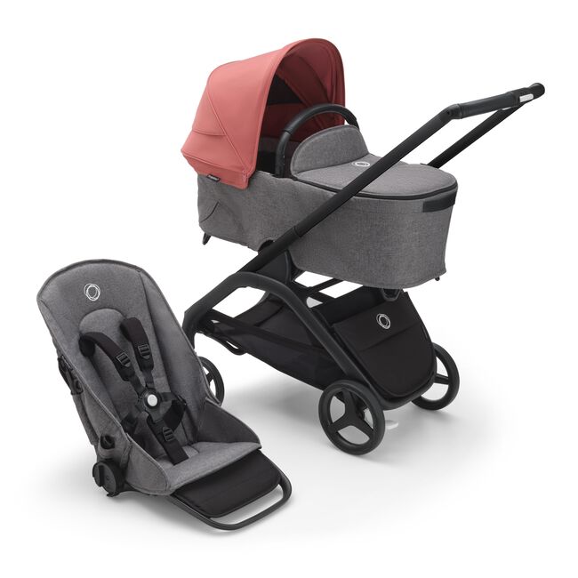 Bugaboo Dragonfly bassinet and seat stroller with black chassis, grey melange fabrics and sunrise red sun canopy.